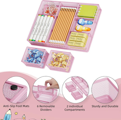 Marbrasse 3 Packs Desk Drawer Organizers, Metal Mesh Dividers Desk Drawer Organizer Tray with 9 Adjustable Compartments, Pen Organizer for Drawer Tray Box Accessories for Desktop,Kitchen, Makeup