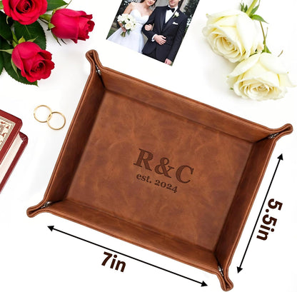 Personalized Engraved Leather Tray for Men with Engraved Name, PU Leather Valet Organizer for Dad, Custom Gift for Him, Custom Catchall Tray for Desk, Office, Accessories Travel Organizer for Men