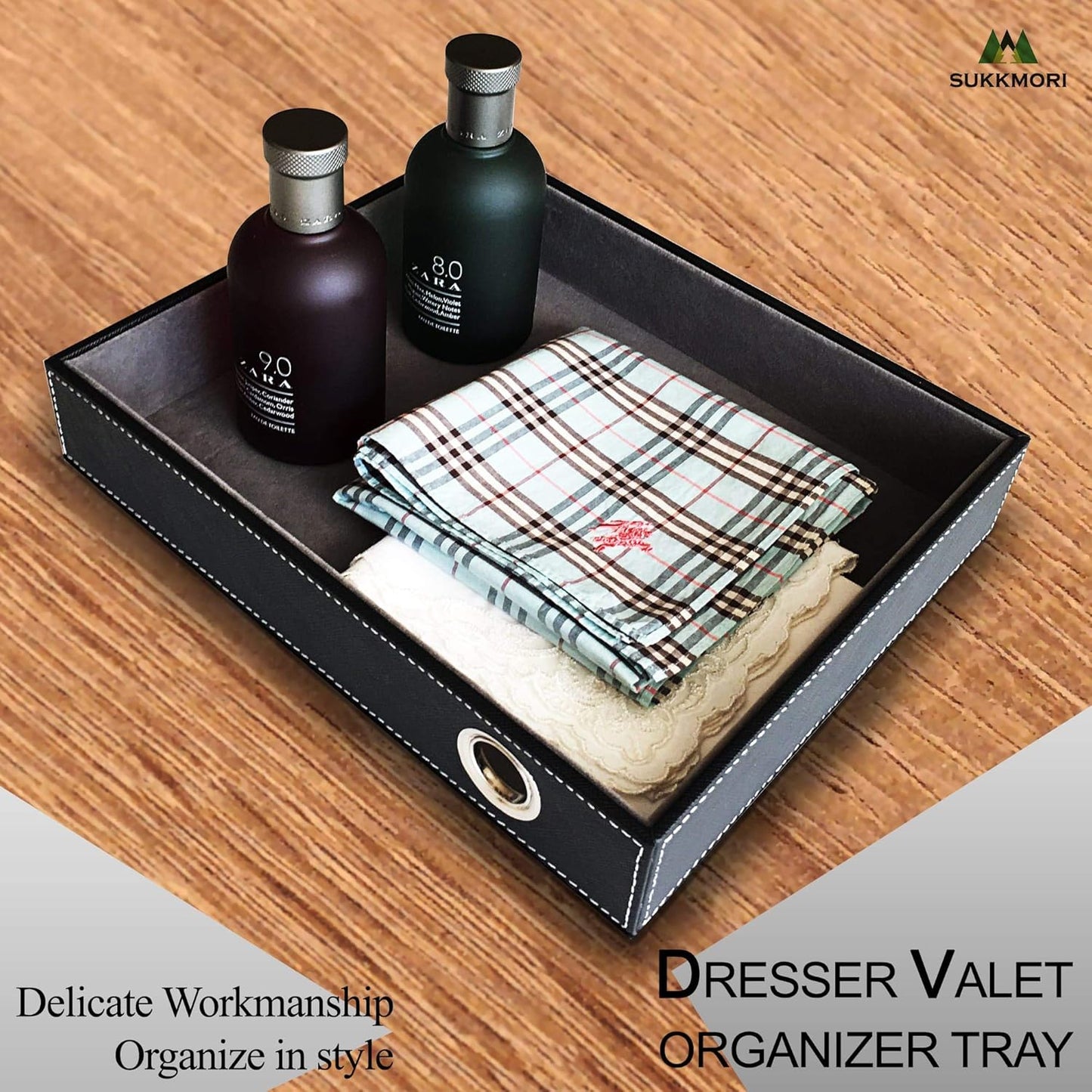 Valet Tray with Charging Station - PU Leather Nightstand Organizer for Men and Women, Desk Catchall Tray for Keys, Jewelry