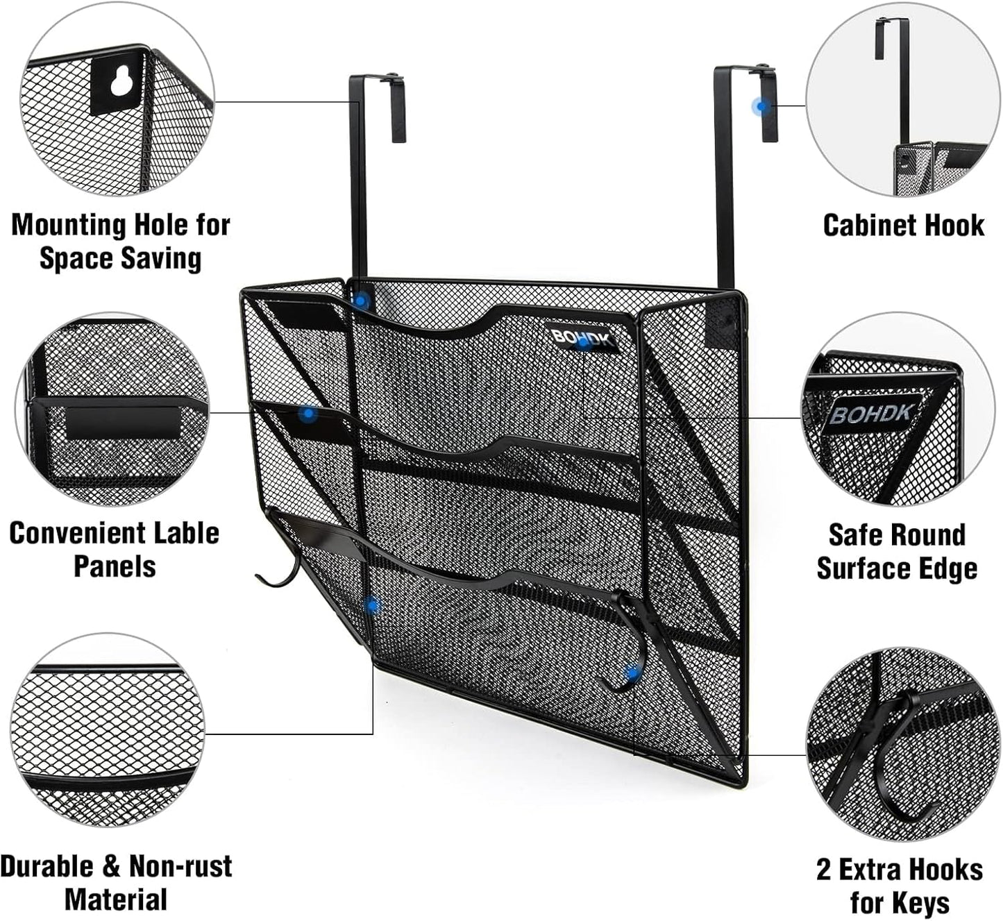 BOHDK Wall File Organizer, 6 Tier Hanging File Folder Mail Organizer, Vertical Mesh Metal Wall Mount Hanging File Holder, Paper Document Magazine Rack for Home Office Black