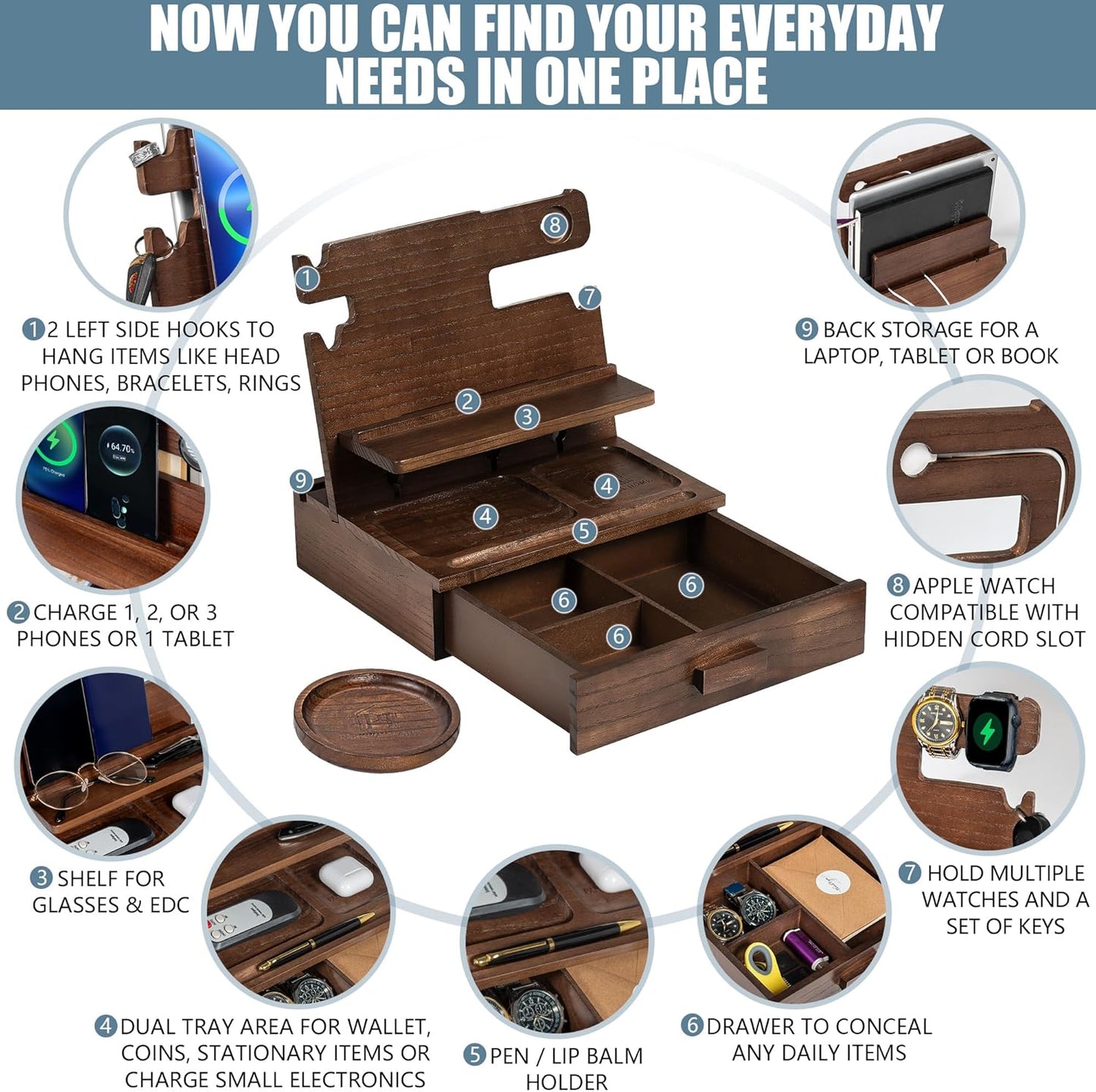 Black Wood Phone Docking Station for up to 3 Phones - Nightstand Organizer with Drawer for Valuables for Men & Women, Compatible With Apple Watch, Holds Phones, Tablets, Keys, Rings, Glasses, EDC