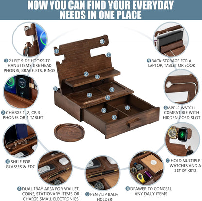 Black Wood Phone Docking Station for up to 3 Phones - Nightstand Organizer with Drawer for Valuables for Men & Women, Compatible With Apple Watch, Holds Phones, Tablets, Keys, Rings, Glasses, EDC