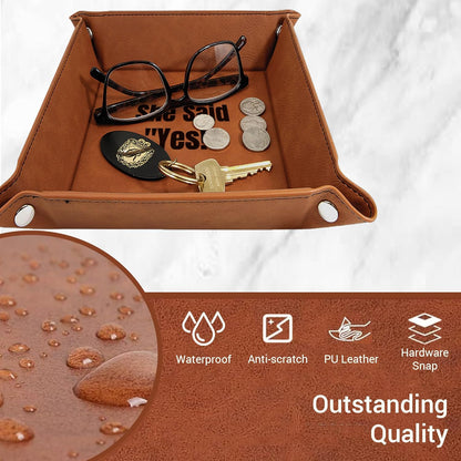 Personalized Valet Trays, Custom Engraved Leather Keys Tray for Men - Catchall Tray Organizer for Entryway Table, Unique Dad Birthday Gift from Daughter Son, Father Day (Custom Text)