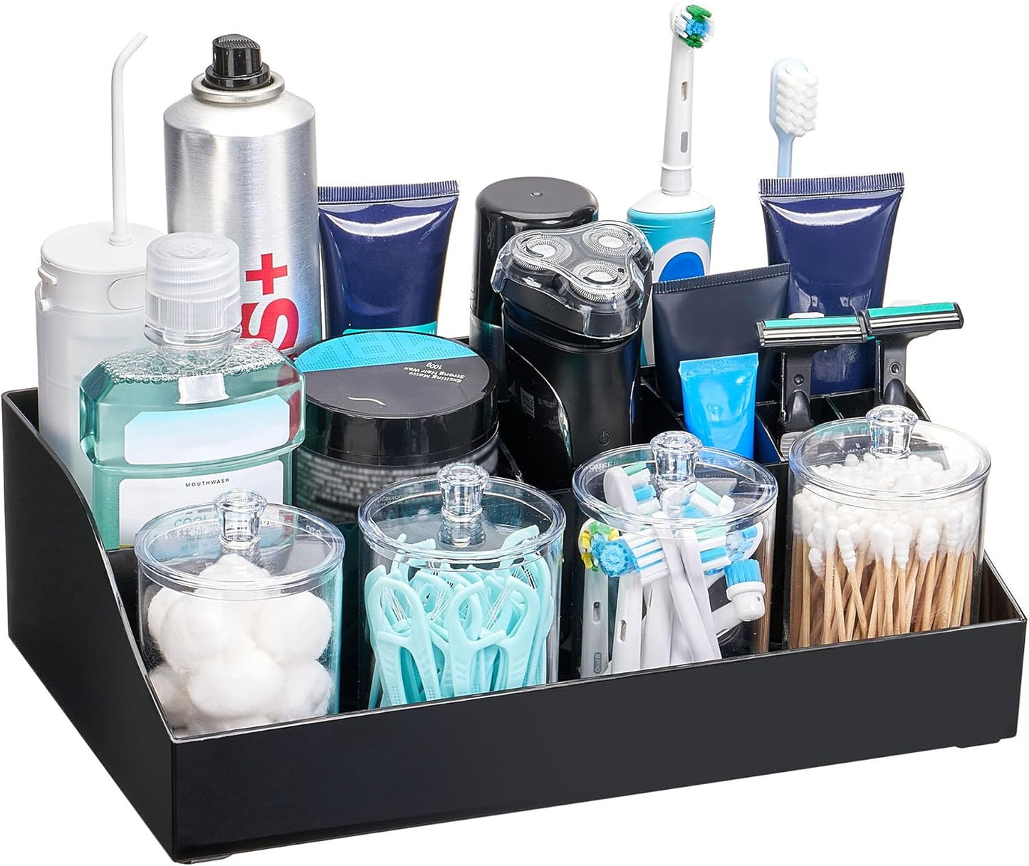 Vtopmart 6 PCS Bathroom Countertop Organizer, 1 Divided Tray with 4 Qtip Holder Jars and 1 Drawers, Restroom Clear Organizers for Toothbrush, Cotton Pads, Vanity Accessories Storage Set