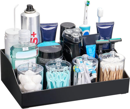 Vtopmart 6 PCS Bathroom Countertop Organizer, 1 Divided Tray with 4 Qtip Holder Jars and 1 Drawers, Restroom Clear Organizers for Toothbrush, Cotton Pads, Vanity Accessories Storage Set