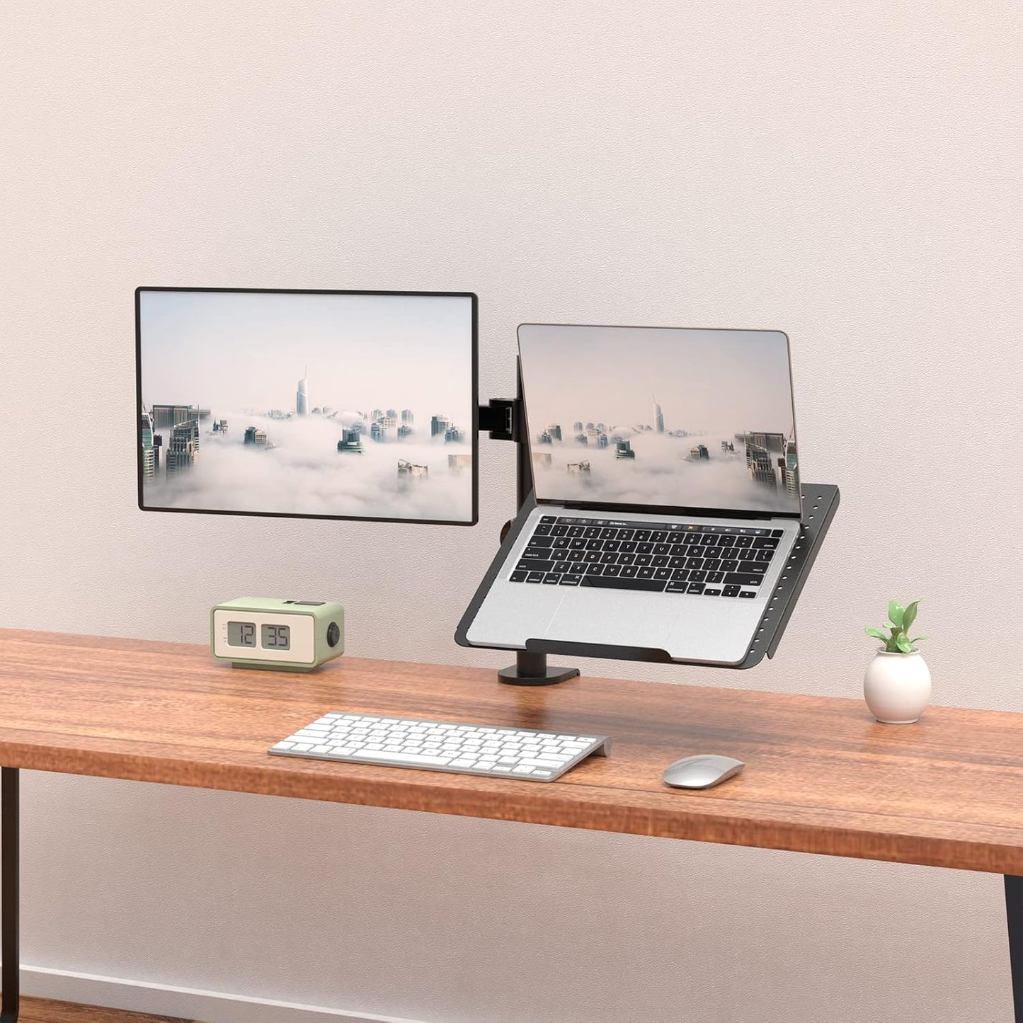 WALI Single Arm Laptop and Monitor Desk Mount for 17" Notebook and Up to 32" Screen, 2-in-1 Adjustable Monitor Arm with Laptop Tray, VESA 75x75 100x100,Holds 22-26.4 lbs, Black (GSMP001NLP)