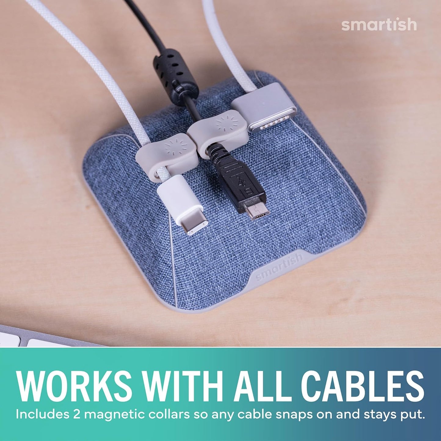 Smartish® Magnetic Cord Holder - Cable Wrangler Organizer with Magnet Clips for Charger Management on Desktop, Nightstand for USB-C + Lightning - Lightly Toasted Beige