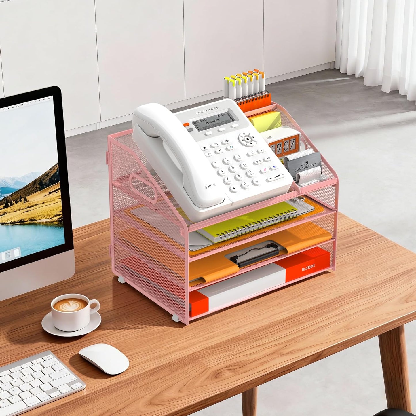 DocNest 4 Tier Metal Mesh Letter Tray - Space Saving Desk File Organizer with Handle, Pen Holder & Folder Holder - Desktop Document Sorter for Office, Home, School, Classroom - Black