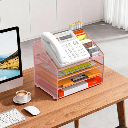 DocNest 4 Tier Metal Mesh Letter Tray - Space Saving Desk File Organizer with Handle, Pen Holder & Folder Holder - Desktop Document Sorter for Office, Home, School, Classroom - Black