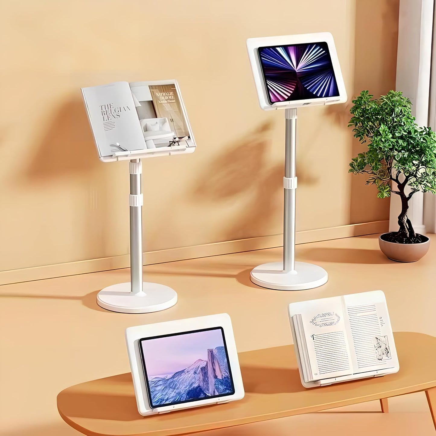 Bamboo Book Stand with Page Clips - Adjustable Holder for Cookbooks/Textbooks, Stable Lightweight Portable Reading Desk (Natural Bamboo)