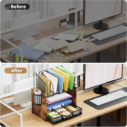 Marbrasse Desk Organizer with Drawer, 4-Tier Mesh File Organizer with 5 Vertical File Holders and 2 Pen Holders, Multifunction Desktop Organizer,Desk Organizers and Accessories for Home Office