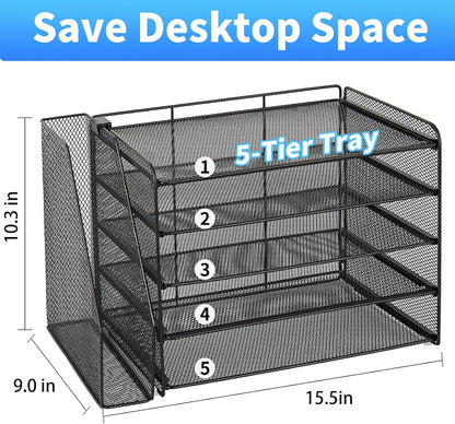OPNICE Desk Organizer, 5-Tier Paper Organizer Letter Tray with Magazine Holder, Office Desk Accessories & Workspace Organizers, Desktop File Organizer for Office Supplies Storage, Black