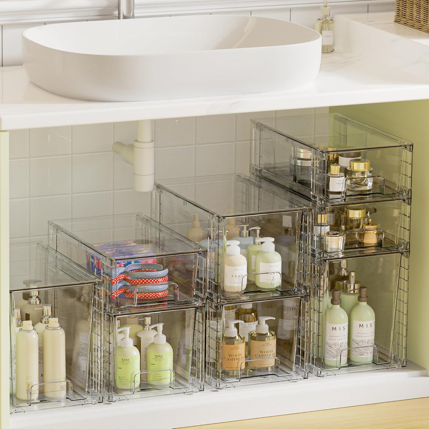 Vtopmart 3 Pack Stackable Storage Drawers, Easily Assemble Acrylic Bathroom Undersink Organizers,Clear Plastic Storage Bins for Closet,Cabinet,Pantry,Medicine Organization