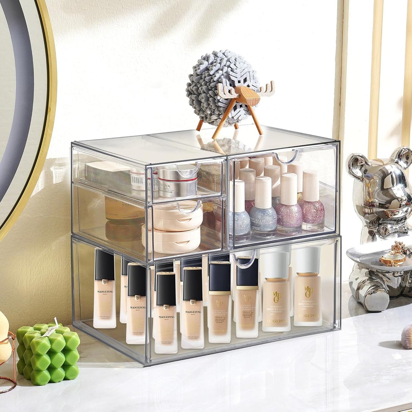 Prsildan Acrylic Makeup Organizer, 2 Pack Stackable Storage Drawers with 6 Drawers for Office Desk Vanity Craft Room Clear Drawer Organizers for Hair Accessories Art Supplies Cosmetics Modular System