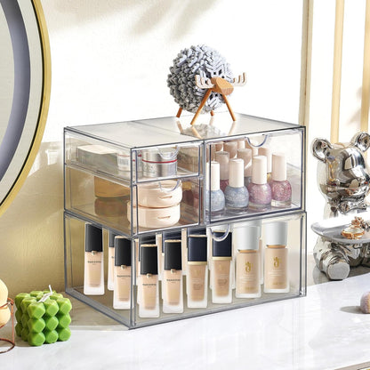 Prsildan Acrylic Makeup Organizer, 2 Pack Stackable Storage Drawers with 6 Drawers for Office Desk Vanity Craft Room Clear Drawer Organizers for Hair Accessories Art Supplies Cosmetics Modular System