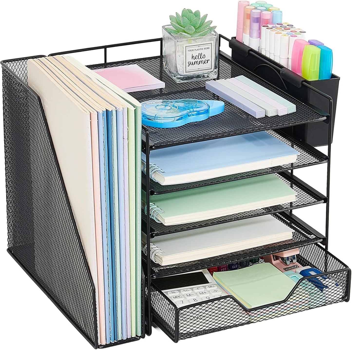 Desk Organizer, 5-Tier Paper Letter Tray Organizer with File Holder, Drawer and Pen Holder, Desktop Organizer for Office Supplies, Black