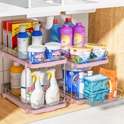 Delamu 2-Tier Multi-Purpose Bathroom Under Sink Organizers and Storage, Stackable Kitchen Pantry Organization, Pull Out Medicine Cabinet Organizer with Movable Dividers, White, 2 Pack