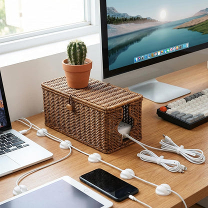 Wicker Cable Management Box, 2 Pack Large & Small Cable Organizer Box, Faux Rattan Hand-Woven Desk Organizer with 10 Cord Clips and 10 Ties, for Home Office and Charging Station