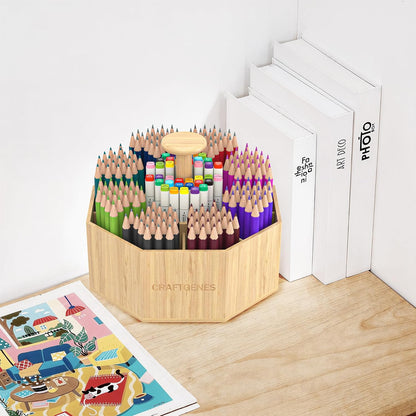 CraftGenes Bamboo Rotating Pen Organizer for Desk, 360° Spinning Desk Organizer with 10 Compartments, Wooden Pencil Holder, Desk Caddy for Office Supplies, Marker Organizer for Office Home School
