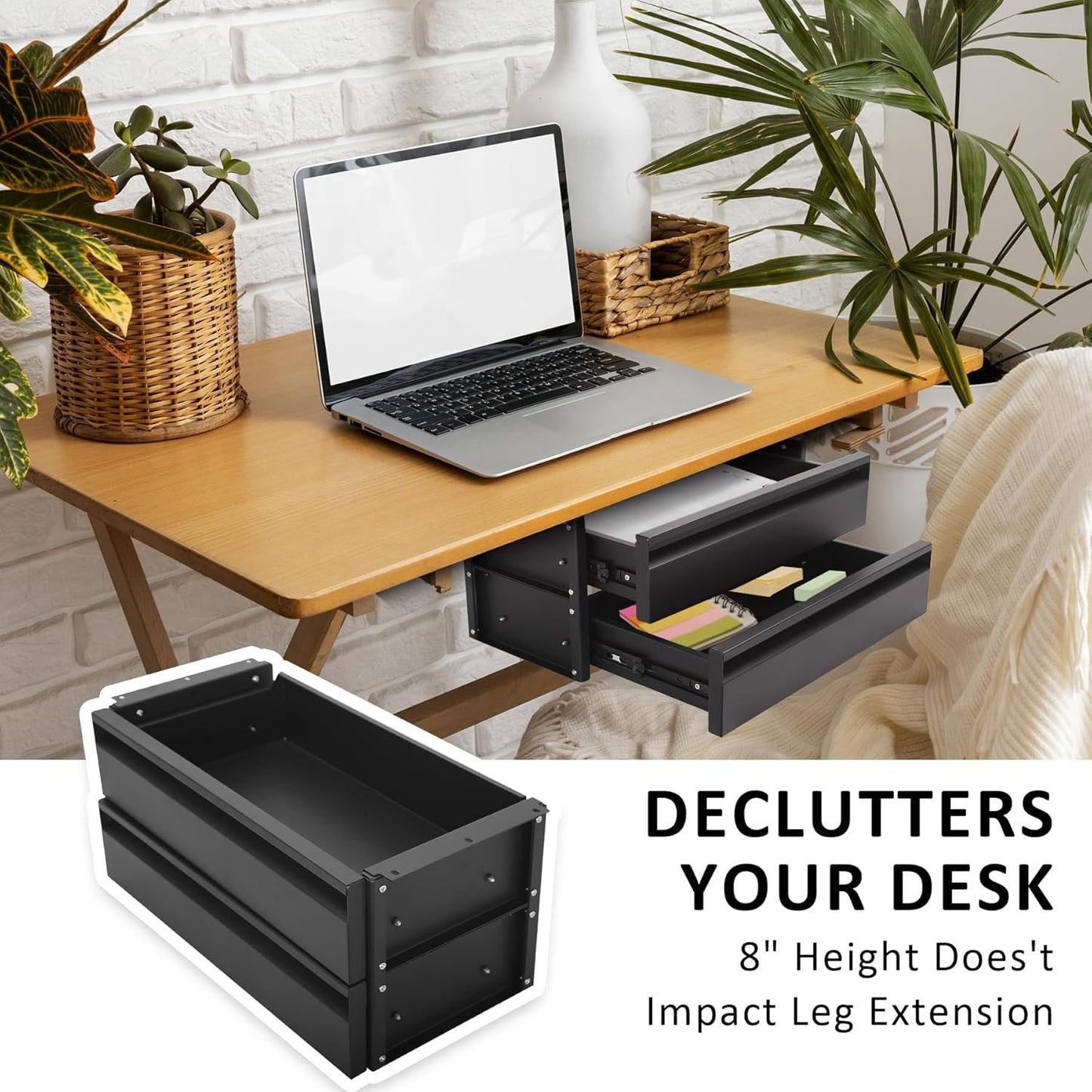 POPMOON 13.8 in Under Desk Drawer For Desk, Pull out Storage Organizer with Slide Extension Mounted Under Flat Wooden Table or Workbench, Carbon Steel Undermount Drawer,Black