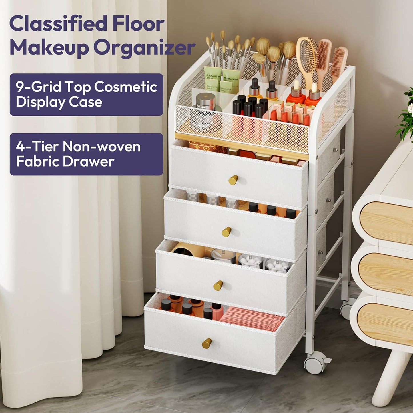 SWTYMIKI Rolling Makeup Organizer Cart - Under Desk Vanity Makeup Storage with 3 Non-woven Drawers, Nail Cart Organizer Cosmetic Display Cases Cabinet for Skin Care Perfume Nail Polish Brush Hair Tool