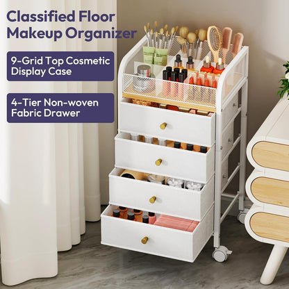 SWTYMIKI Rolling Makeup Organizer Cart - Under Desk Vanity Makeup Storage with 3 Non-woven Drawers, Nail Cart Organizer Cosmetic Display Cases Cabinet for Skin Care Perfume Nail Polish Brush Hair Tool