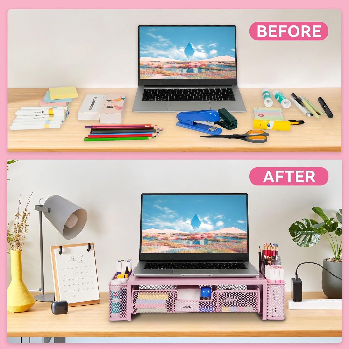 Qupui Computer Monitor Stand Riser with Drawer and Pen Holders, Desk Organizer Shelf and Accessories, Office Desk Accessories, Office Organization, Black