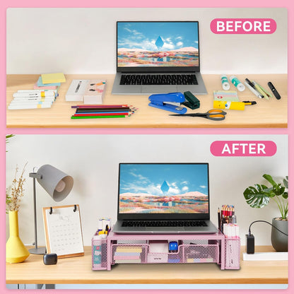 Qupui Computer Monitor Stand Riser with Drawer and Pen Holders, Desk Organizer Shelf and Accessories, Office Desk Accessories, Office Organization, Black
