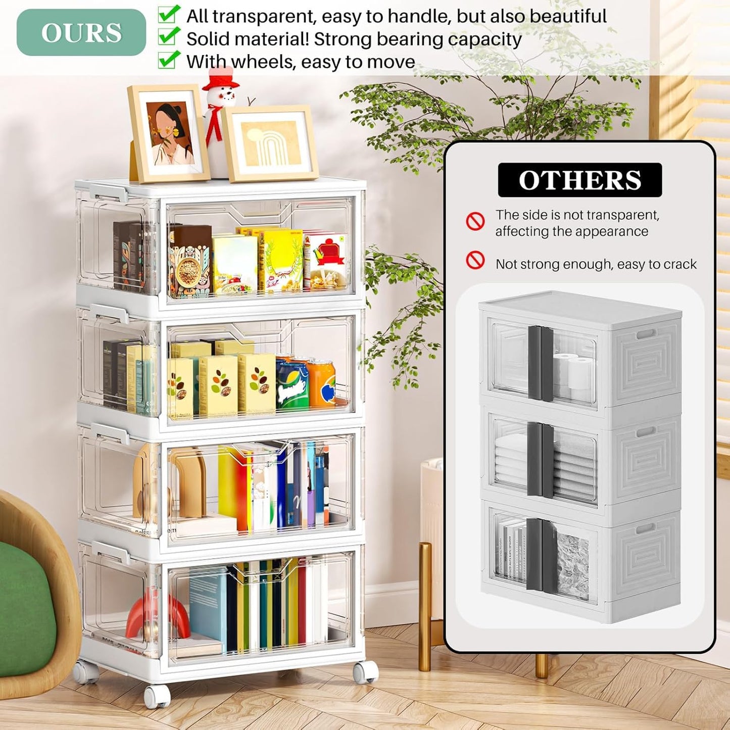Kmiectse Clear Storage Bins with Lids - 4 Tier Plastic Bins with Wheels, Stackable Storage Bin, Closet Organizers Box for Bedroom, Living Room, 23 QT Folding Box with Magnetic door