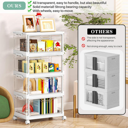 Kmiectse Clear Storage Bins with Lids - 4 Tier Plastic Bins with Wheels, Stackable Storage Bin, Closet Organizers Box for Bedroom, Living Room, 23 QT Folding Box with Magnetic door