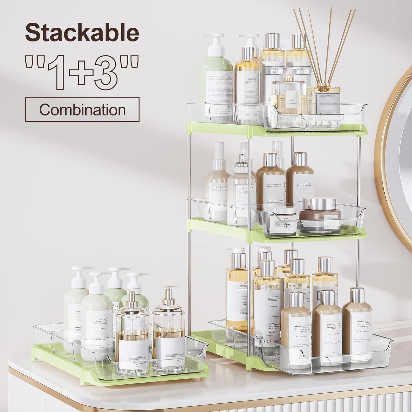 Delamu 2-Tier Multi-Purpose Bathroom Under Sink Organizers and Storage, Stackable Kitchen Pantry Organization, Pull Out Medicine Cabinet Organizer with Movable Dividers, White, 2 Pack