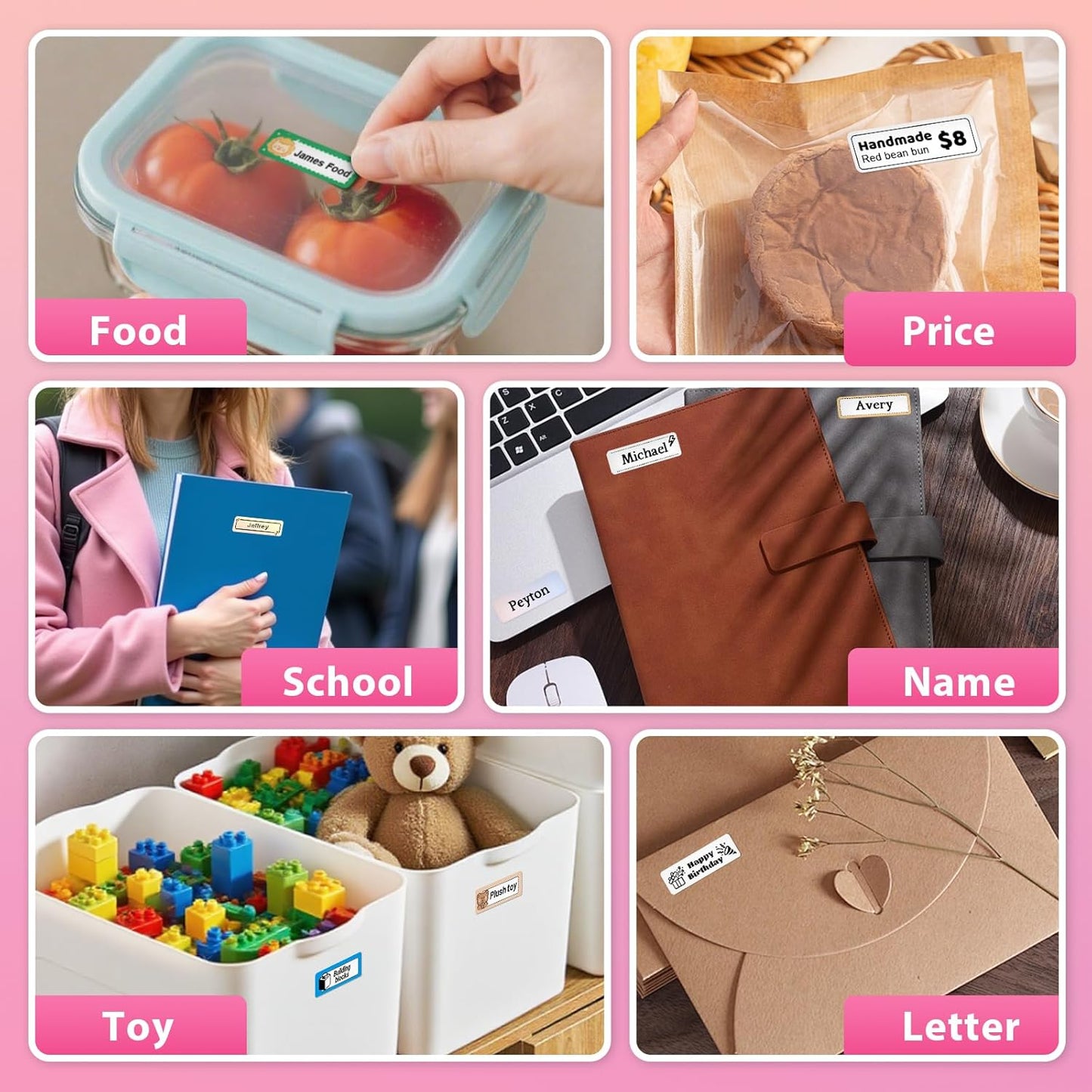 Label Maker Machine with Tape, Small Portable Bluetooth Label Printer, Handheld Mini Labeler for Home, Kitchen, Office, Waterproof Label Makers for Labeling, Gift, Kids School Items, Pink