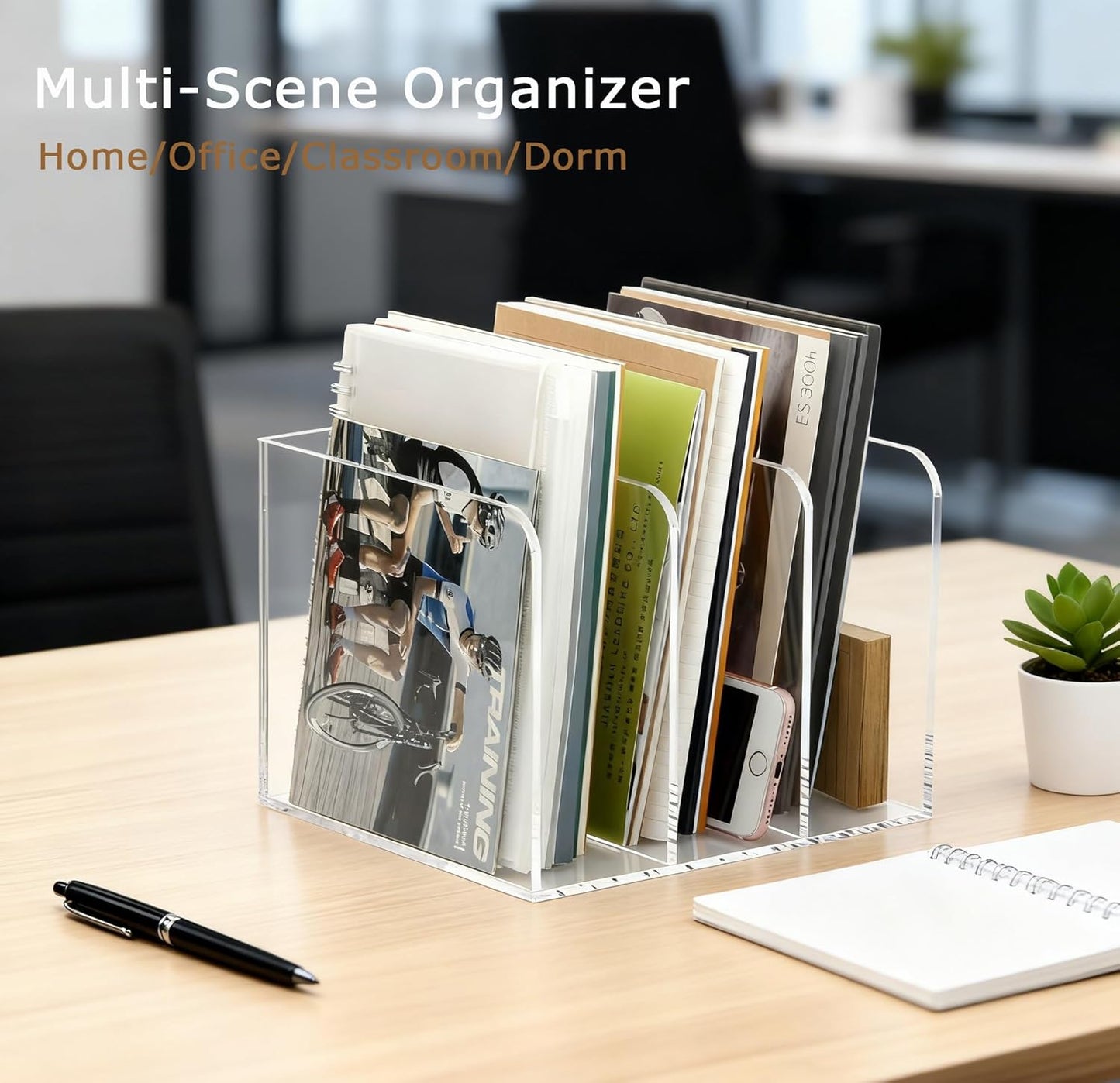 YUXUN Acrylic Desk File Organizer - 3 Section Vertical File Folder Rack, Clear Desktop Sorter for Home/Office/Classroom, Holds Magazines, Binders, Notebooks, Envelopes & Documents