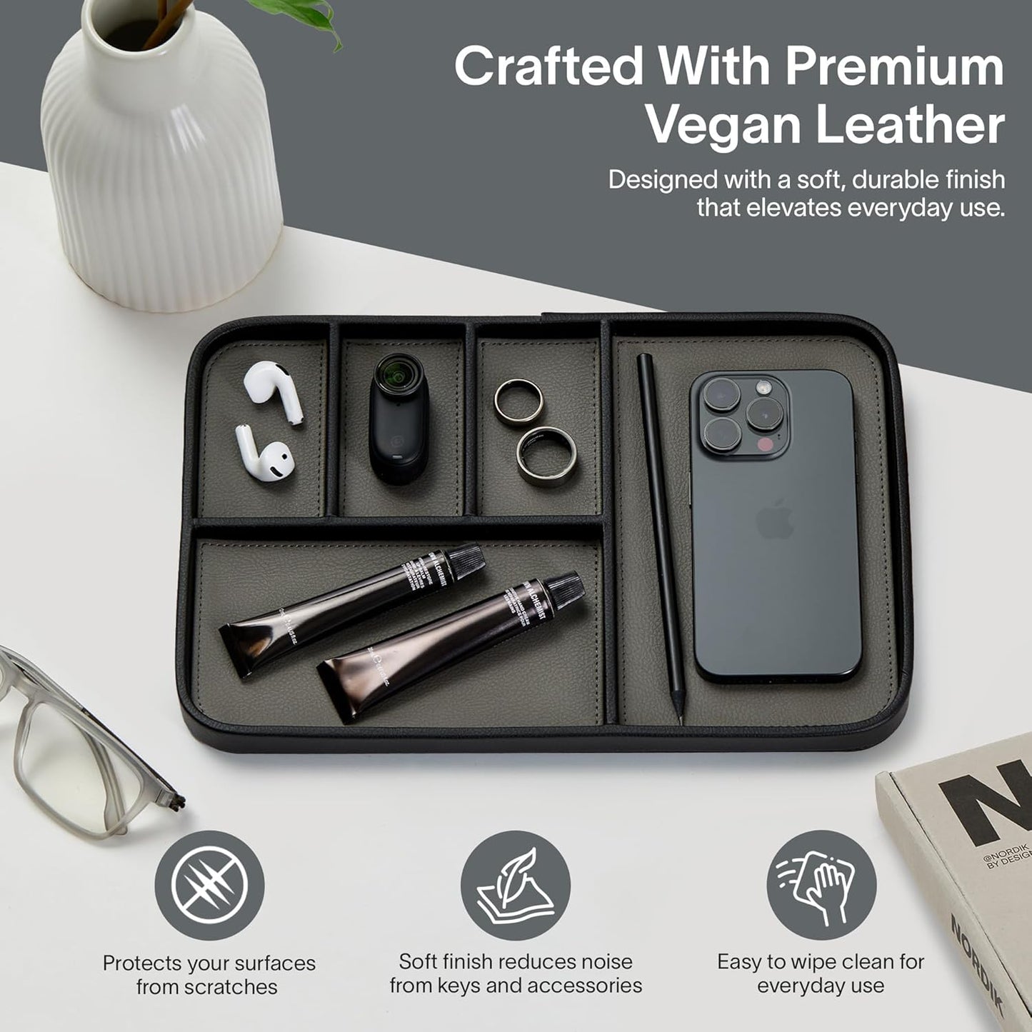 Nordik Leather Valet Tray - Pebble Black - 9.5 x 7.9 Inch Medium Vegan Leather Tray - Stylish Nightstand Organizer for Men - Modern Bedside Caddy - EDC Catchall for Key Watch Wallet Jewellery