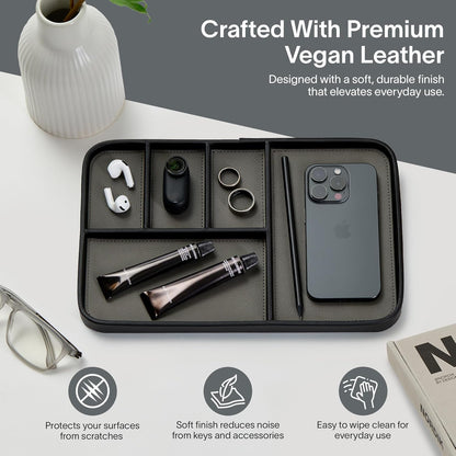 Nordik Leather Valet Tray - Pebble Black - 9.5 x 7.9 Inch Medium Vegan Leather Tray - Stylish Nightstand Organizer for Men - Modern Bedside Caddy - EDC Catchall for Key Watch Wallet Jewellery