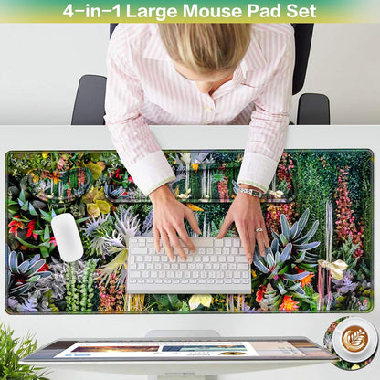 Desk Mat, Large Gaming Mouse Pad with Wrist Rest, 4in1 XXL Mousepad+Keyboard Wrist Rest+Mouse Pad Wrist Support+Cup Coaster Set Ergonomic Floral Computer Desk Arm Wrist for Decor Home Office Women
