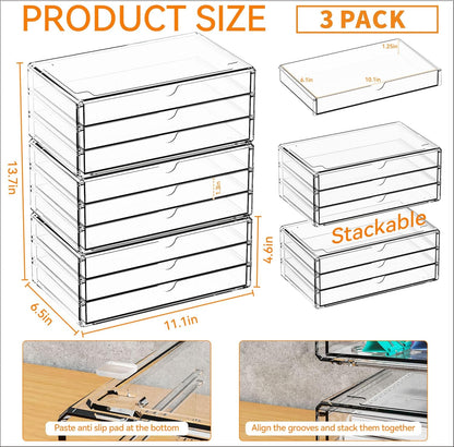Yieach 11.1 Inch Long Clear Drawer Organizers Stackable,3 Pack Small Acrylic Drawers,School,Office Supplies Organizer And Storage Bins for Stationery,Marker,Pen,Pencil,Craft Desktop Storage Drawers