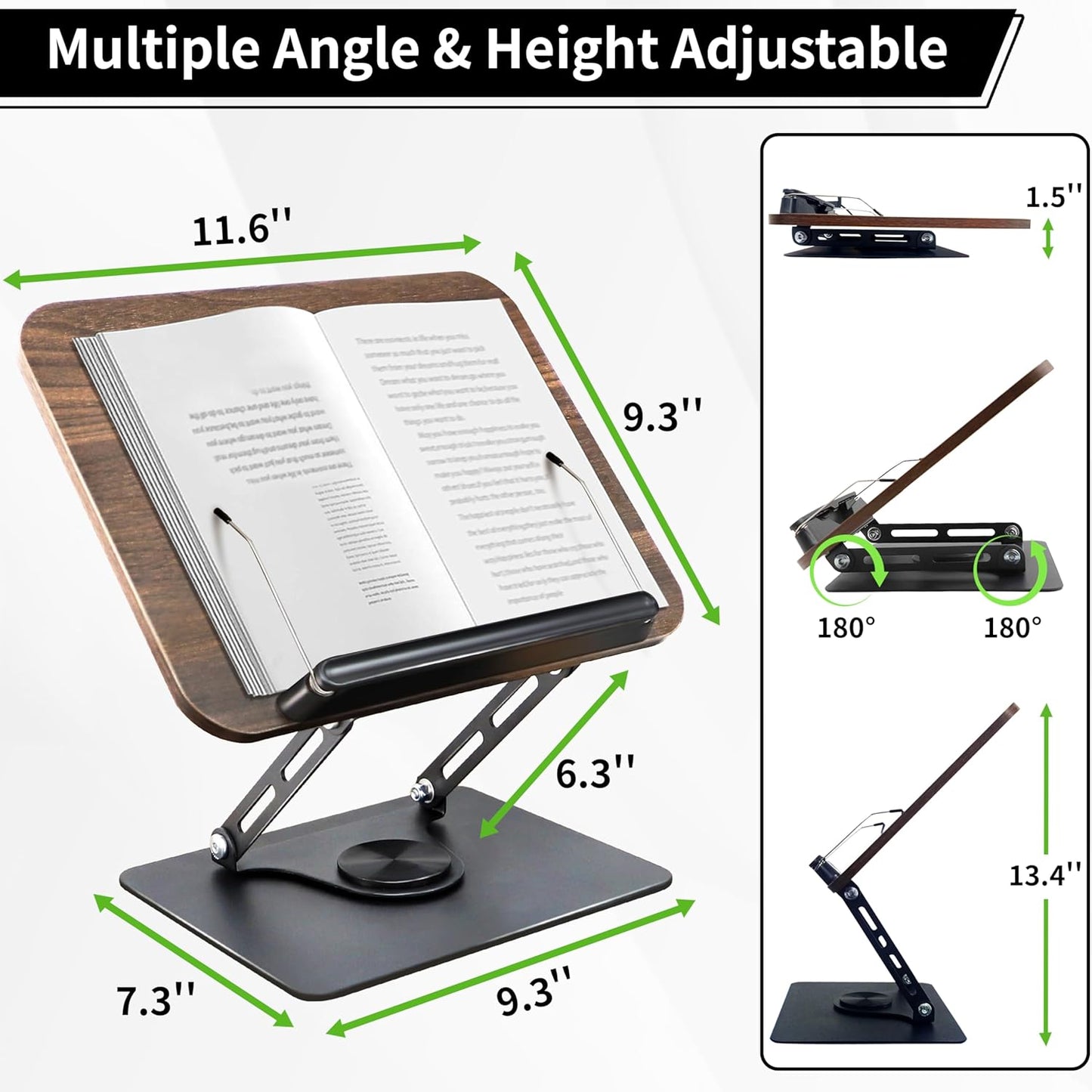 Book Stand for Reading, Multi-Angle & Height Book Holder with 360° Swivel Base, Lightweight Foldable Cookbook Stand for Kitchen, Office, Textbook, Recipe, Music Scores, Kindle, Tablet