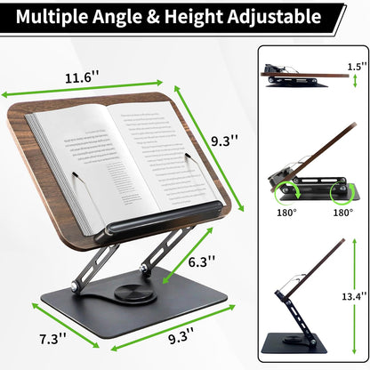 Book Stand for Reading, Multi-Angle & Height Book Holder with 360° Swivel Base, Lightweight Foldable Cookbook Stand for Kitchen, Office, Textbook, Recipe, Music Scores, Kindle, Tablet