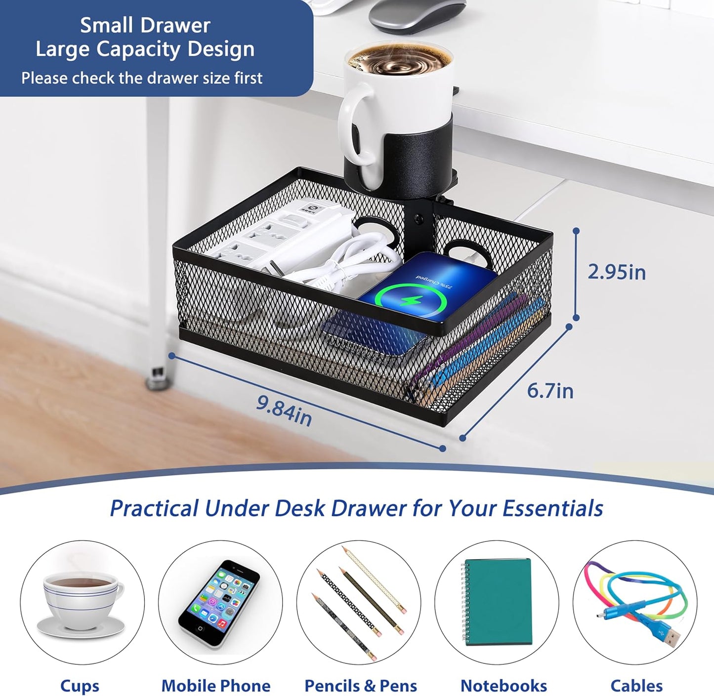 360 Rotating Under Desk Drawer Organizer with Cup Holder Clamp On Desk Drawer No Drilling Table Management Tray Anti-Slip Swivel Pencil Drawer Under Table Storage Easy Install for Home Office