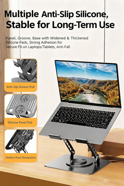 Selbst Laptop Stand for Desk with Quiet Cooling Fans - 360 Rotating Base Ergonomic Computer Stand, Aluminum Laptop Riser Foldable Protable for Office Home fits MacBook Air Pro, Dell, HP (10-17.3'')