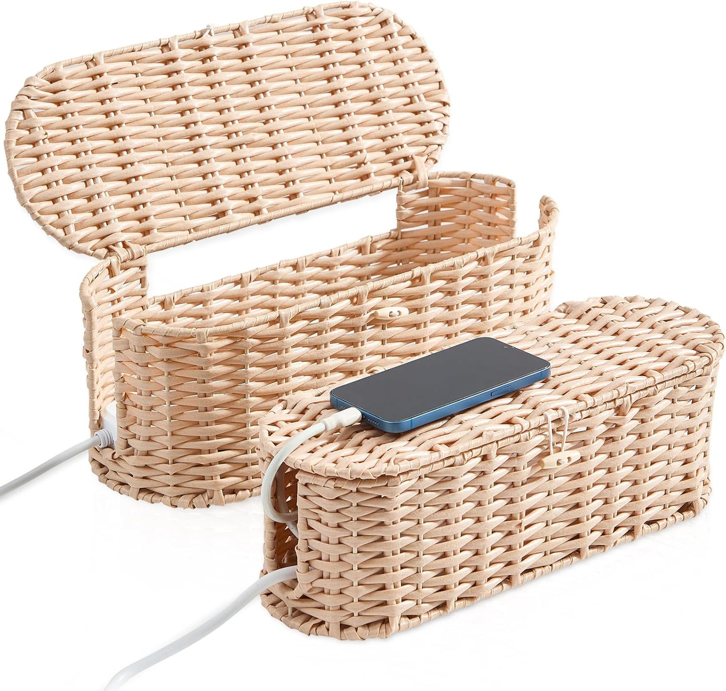FairyHaus Cable Management Box 2Pack Caramel, Handwoven Large and Small Cable Organizer Box Cover to Hide Cords and Power Strip, Imitation Wicker Cord Organizer Box Hider for Office Desk and Floor