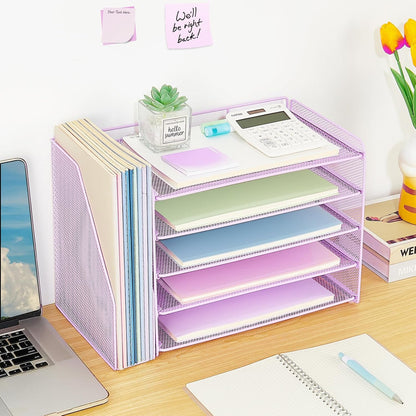 OPNICE Desk Organizer, 5-Tier Paper Organizer Letter Tray with Magazine Holder, Office Desk Accessories & Workspace Organizers, Desktop File Organizer for Office Supplies Storage, Black