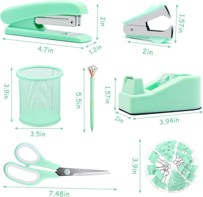 Famassi Rose Gold Desk Accessories，Office Supplies Set Acrylic Stapler Set Staple Remover, Tape Holder, 2 Ballpoint Pen, Scissor, Binder/Paper Clips and 1000pcs Staples.