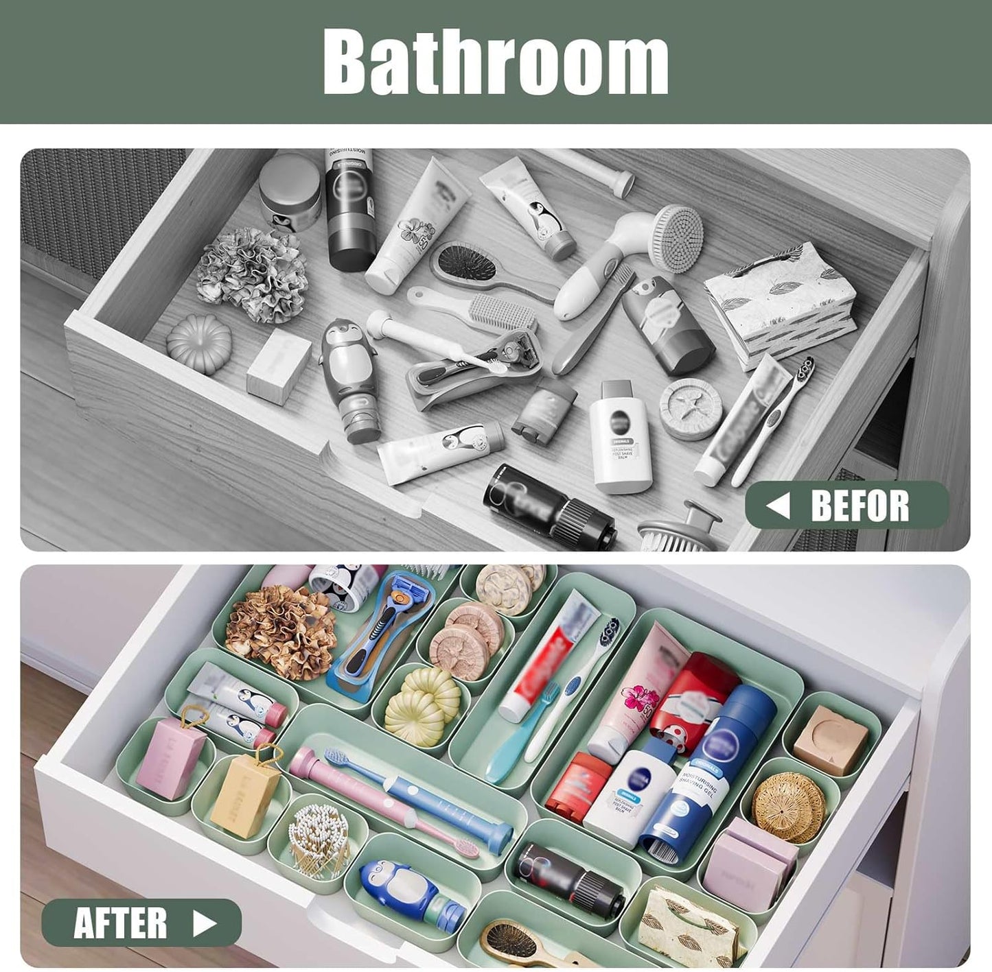 Plastic Drawer Organizers, 10 PCS Drawer Organizer Bins, Bathroom and Vanity Organizer Plastic Tray, Makeup organizer and storage for Makeup, Bedroom, Kitchen Gadgets Utensils and Office (Green)