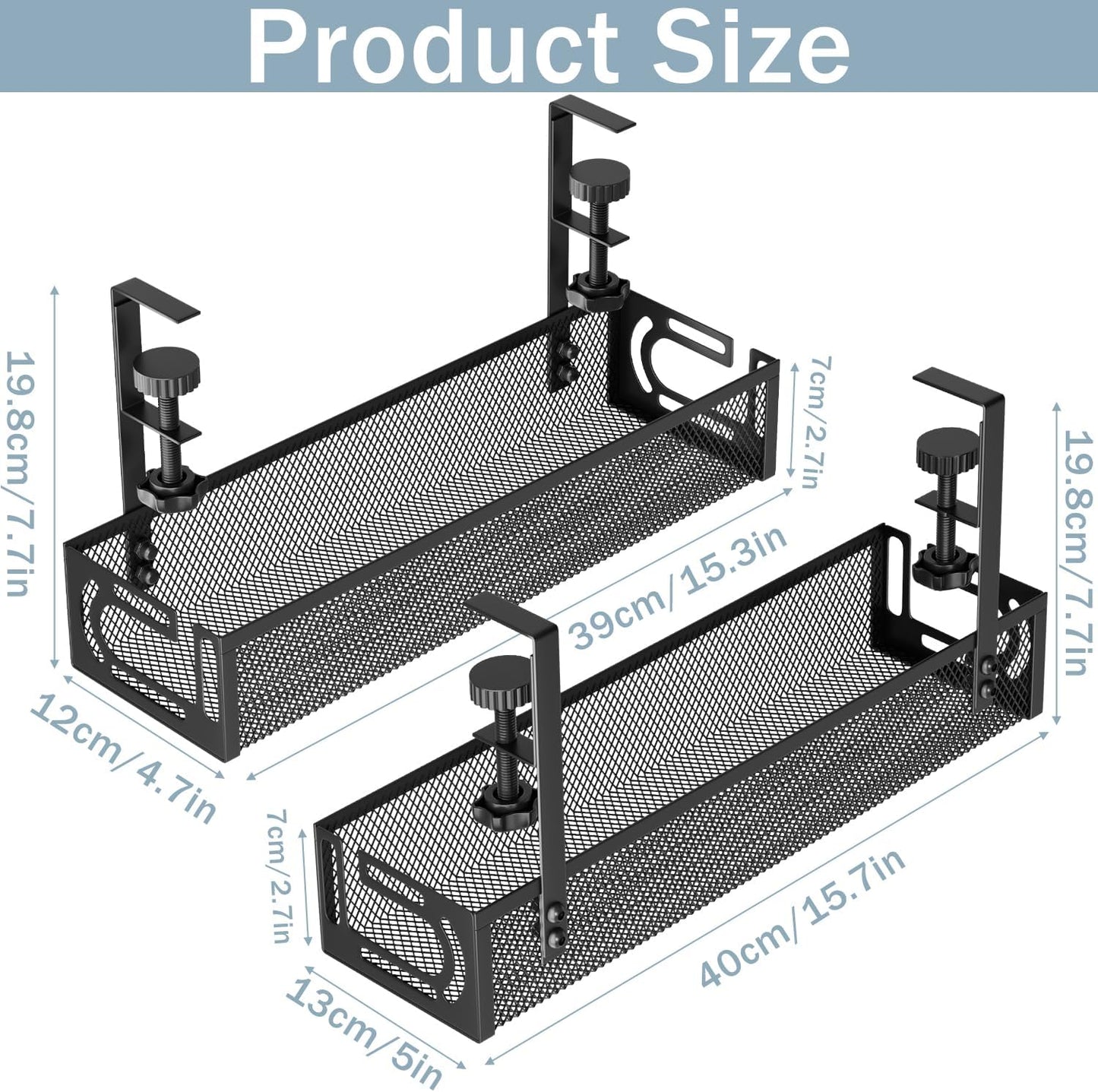 Cable Management, 25'' Cable Management Under Desk No Drill, Metal Cord Organizer with Clamp for Standing Desk, Cable Organizer for Home Office, Black