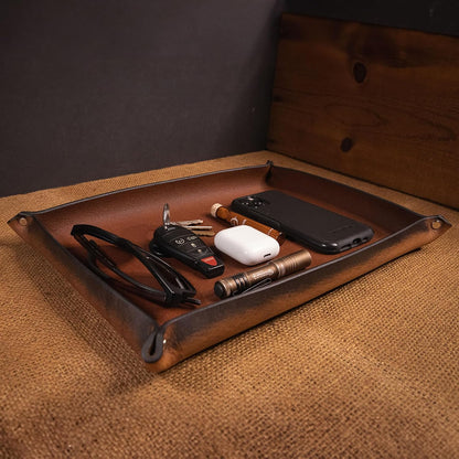Valet Tray – Full-Grain Leather Catchall Organizer for Keys, Phone & Wallet – Rustic Nightstand & Desk Tray with Raised Sides – Handmade in USA (Vintage Brown, Small Rectangle)