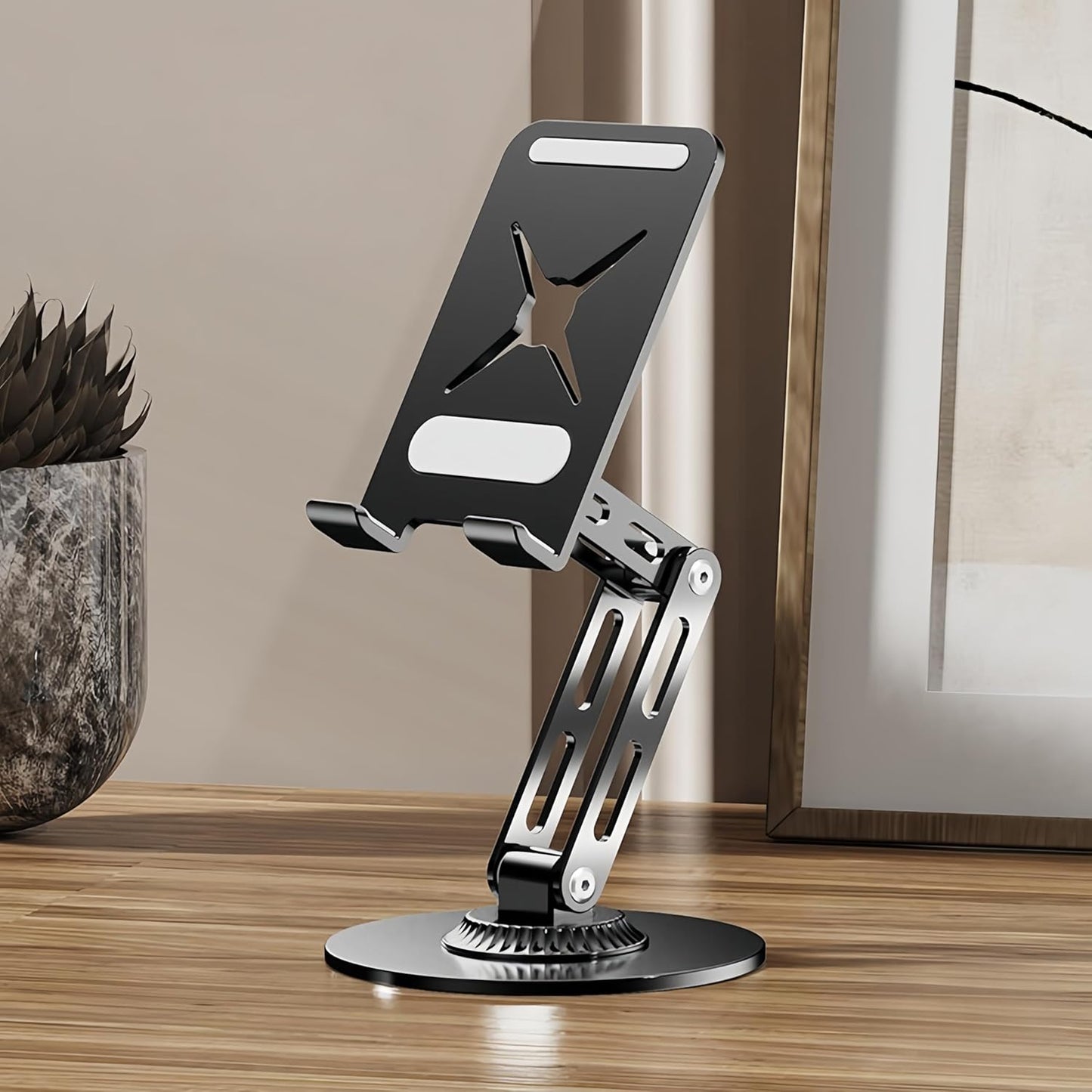 All-Metal Cell Phone Stand 360° Rotatable & Height Adjustable - 25KG Super Load-Bearing, Foldable Desk Stand for Phone, Compatible with iPhone 17/16/15/14, Nintendo Switch, Silver