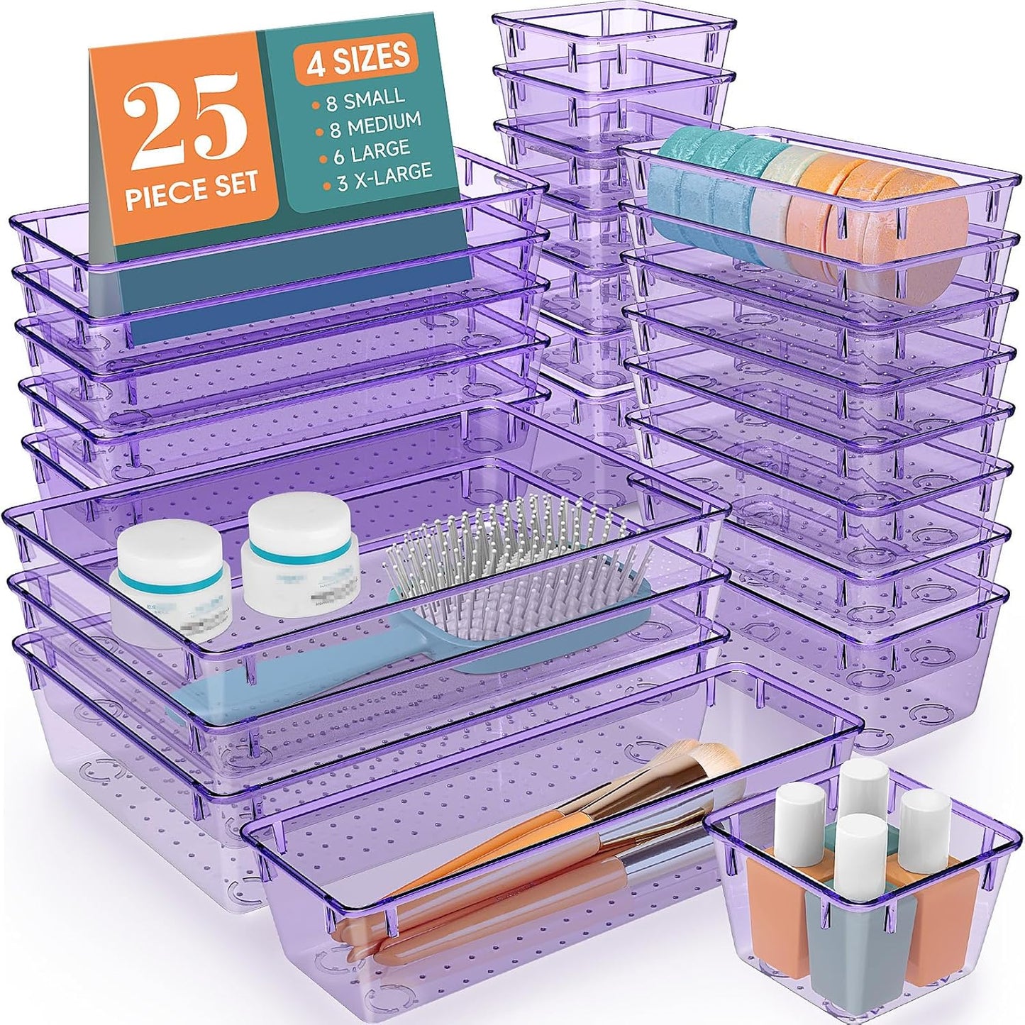 WOWBOX 25 PCS Clear Plastic Drawer Organizer Set, 4 Sizes Desk Drawer Divider Organizers and Storage Bins for Makeup, Jewelry, Gadgets for Kitchen, Bedroom, Bathroom, Office