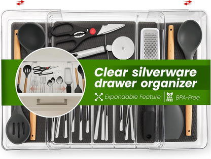 Masirs Expandable Utensil Drawer Organizer - BPA-Free Plastic Clear Silverware Tray with Multiple Compartments - Non-Slip Cutlery Storage for Kitchen, Bathroom, or Office Drawers (Clear)